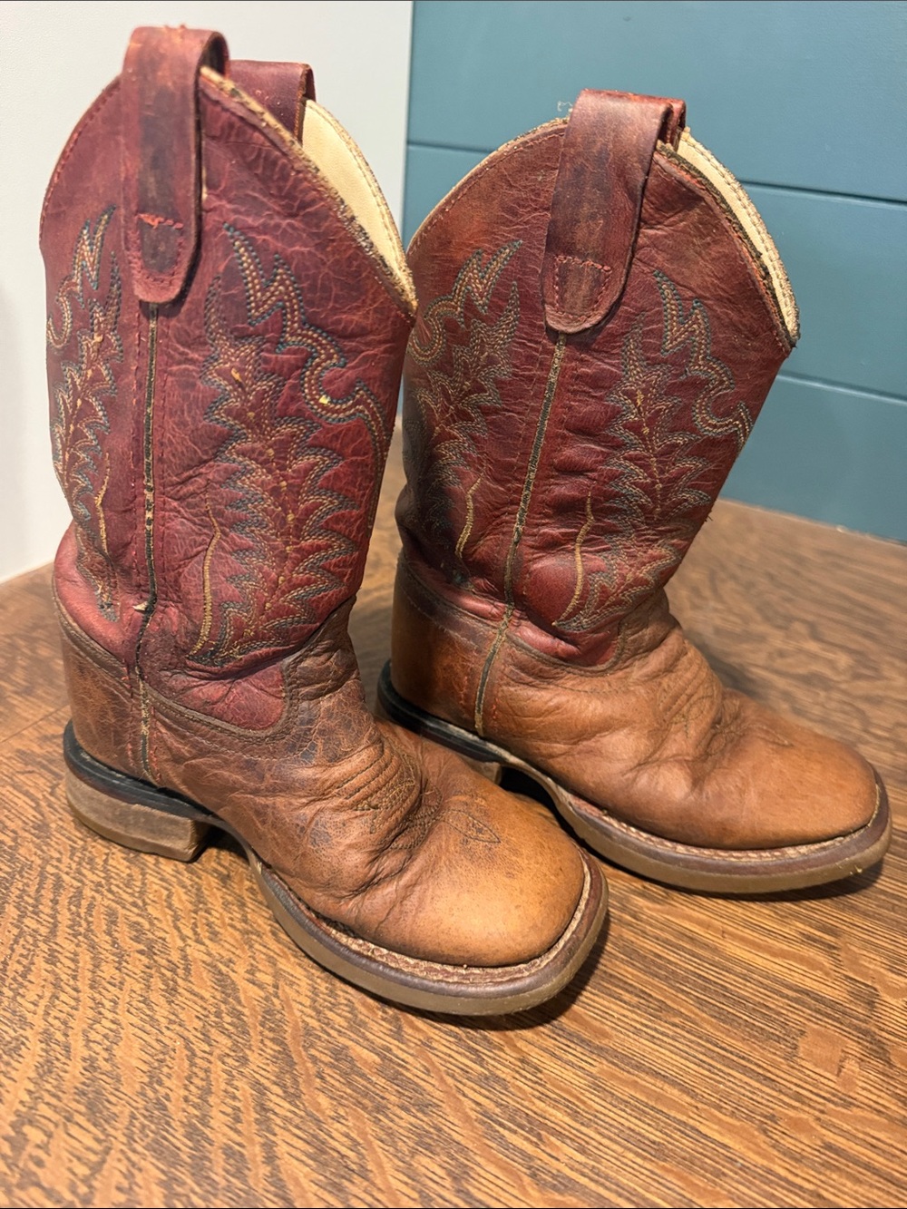 Old West Kids Brown & Red Leather Cowboy Boots